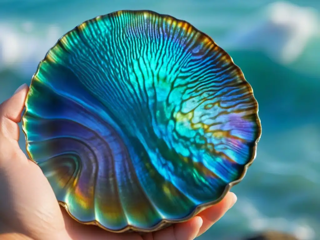 Maravilla marina: detalle iridiscente de concha de abulón Un abanico de lujo para vida costera: conchas de abulón iridiscentes en mano, reflejando azules, verdes y morados del mar