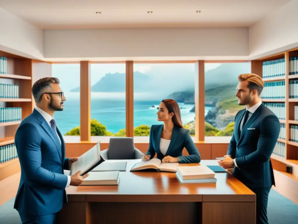 Abogados expertos debatiendo junto a vista costera Abogados discutiendo documentos legales en moderna oficina con vista costera y libros de leyes