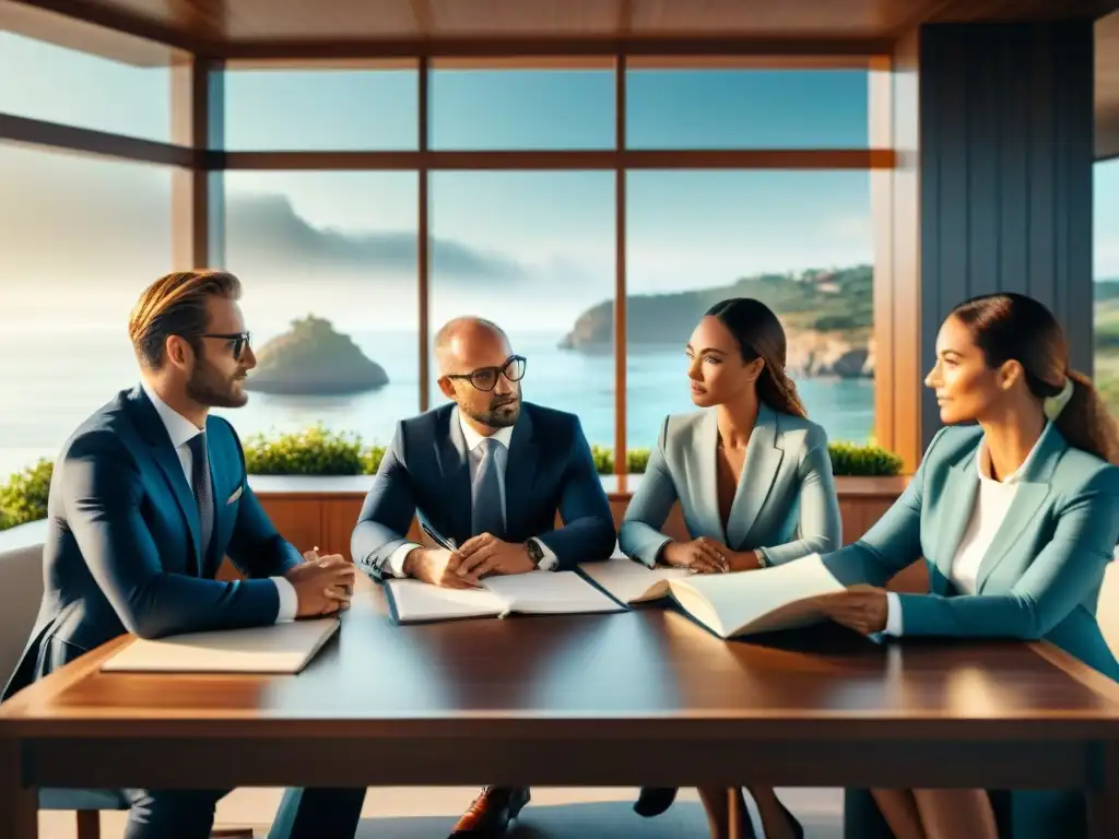 Abogados expertos negociando contratos en oficina costera Abogados discuten documentos en oficina moderna con vista costera
