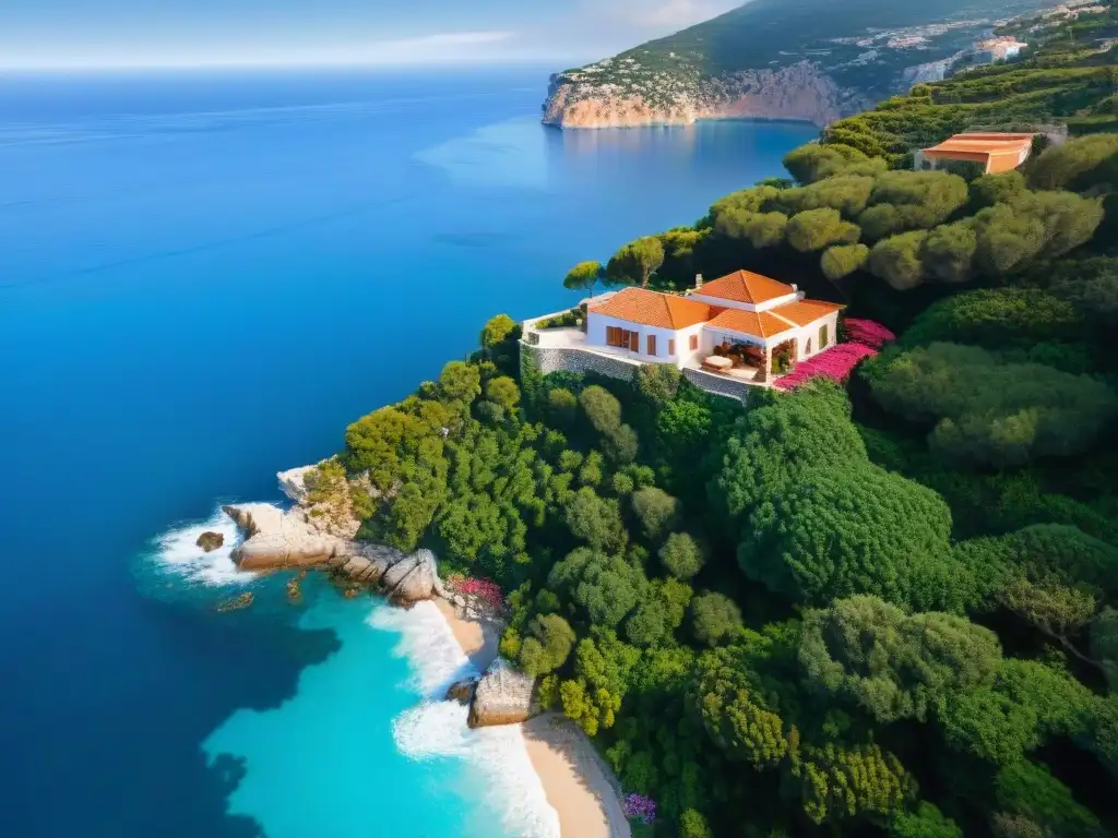 Villa mediterránea en acantilado: armonía costera Villa mediterránea en acantilado con tejas terracota, rodeada de vegetación y bougainvillea, vista al mar