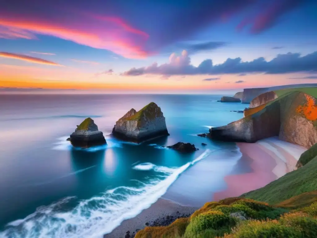 Costa salvaje al atardecer: belleza natural en tonos rosados y naranjas Acantilados siluetados al atardecer, reflejos naranjas y rosas en el mar tranquilo