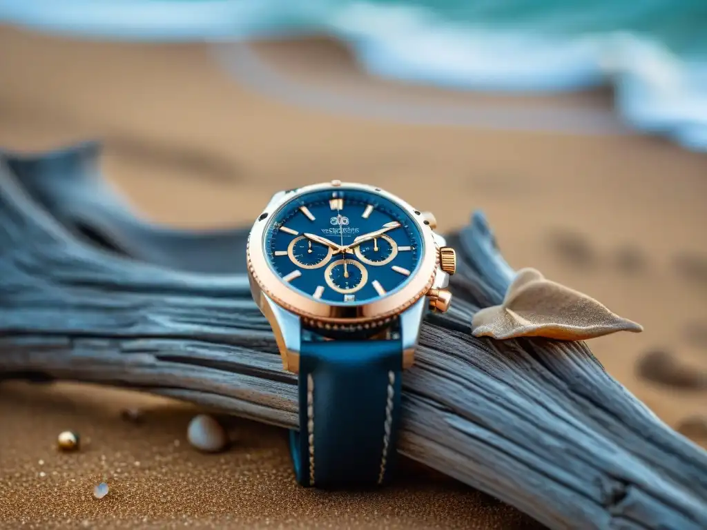 Reloj de lujo en la playa: detalle exquisito bajo el sol Accesorios de alta gama playa - Reloj de lujo en la playa con detalles intrincados y reflejos de luz solar en un entorno sereno