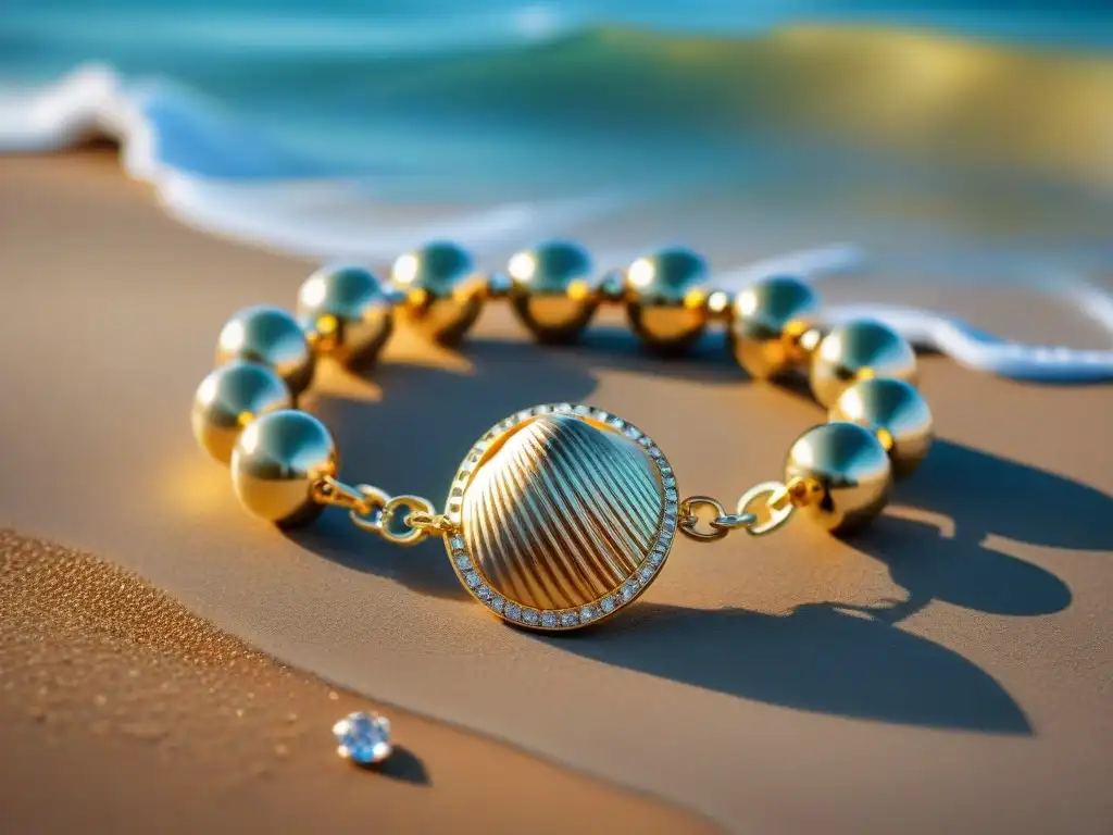 Pulsera dorada con motivos marinos y diamantes frente al mar Accesorios de lujo para vida costera: Pulsera dorada con diseño marino detallado y diamantes, frente a un océano sereno y cristalino