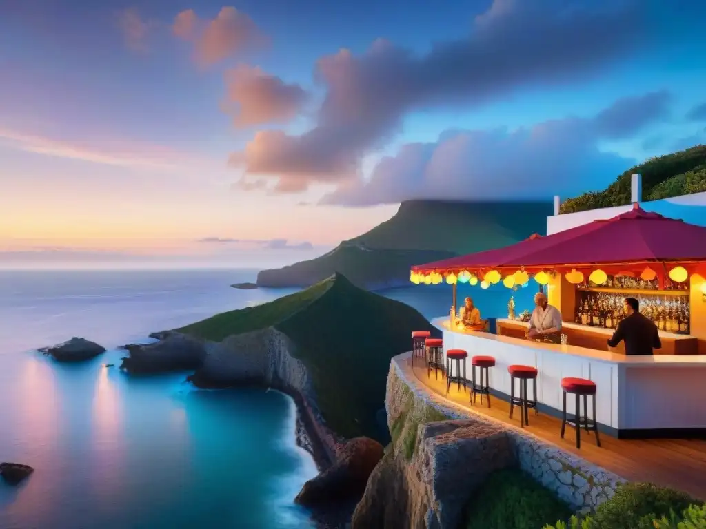 Atardecer espectacular en bar costero: cócteles, luces y mar Un acogedor bar costero en un acantilado, con sombrillas coloridas, luces brillantes y clientes disfrutando de cócteles al atardecer