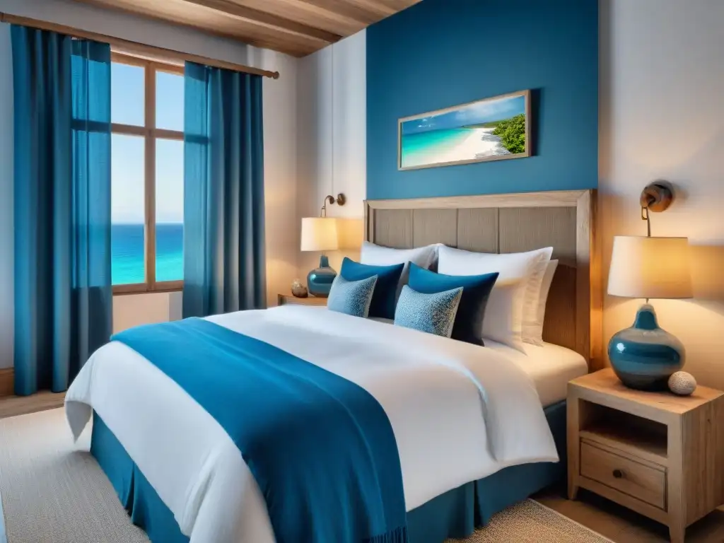 Recámara costera serena con vista al mar Acogedor dormitorio costero decorado con detalles en azul y arena, cabecera de madera a la deriva y ventana con vista al mar