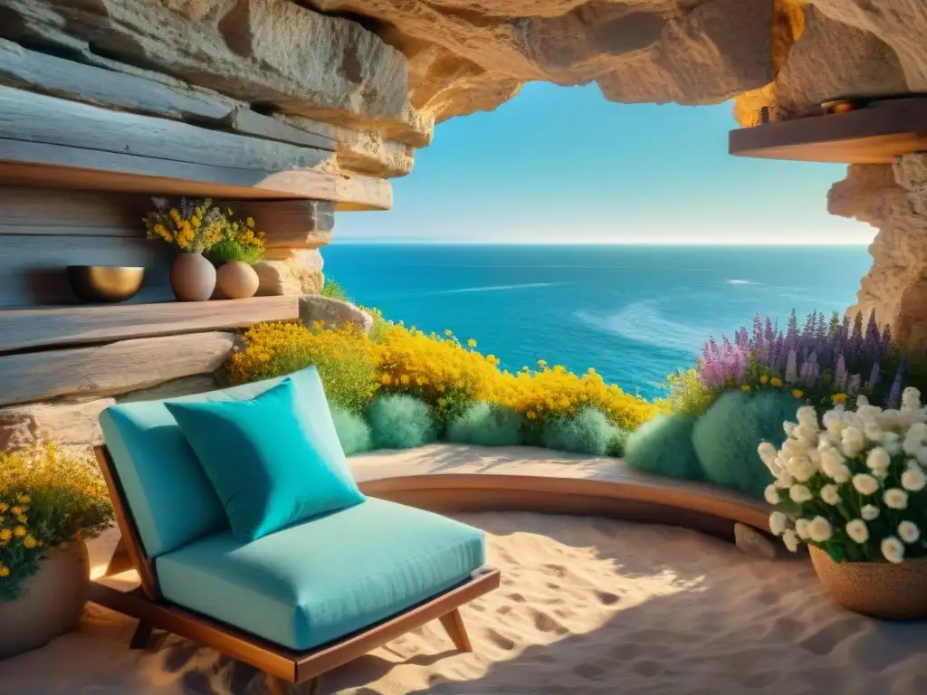 Rincón de lectura costero: cueva acogedora frente al mar Un acogedor rincón de lectura costero en una cueva sobre el mar Mediterráneo, inspirado y lleno de libros y flores silvestres