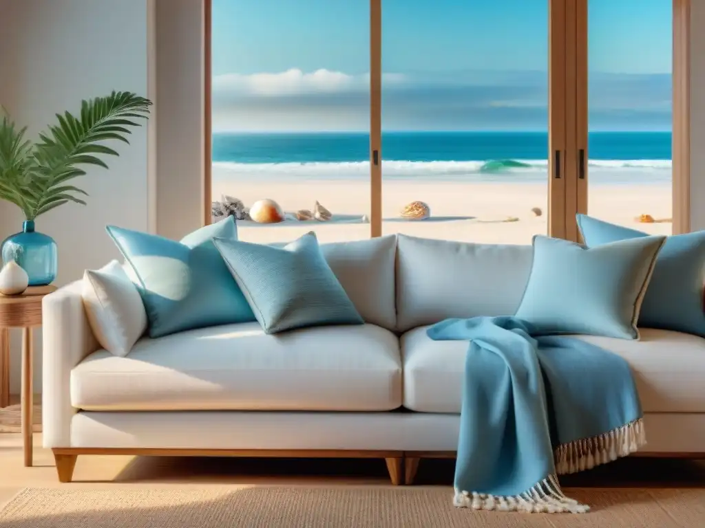 Salón costero sereno con vista al mar y decoración playera Acogedor salón costero con elementos naturales: ventanales hacia el mar, decoración en tonos azules y cómodo sofá blanco
