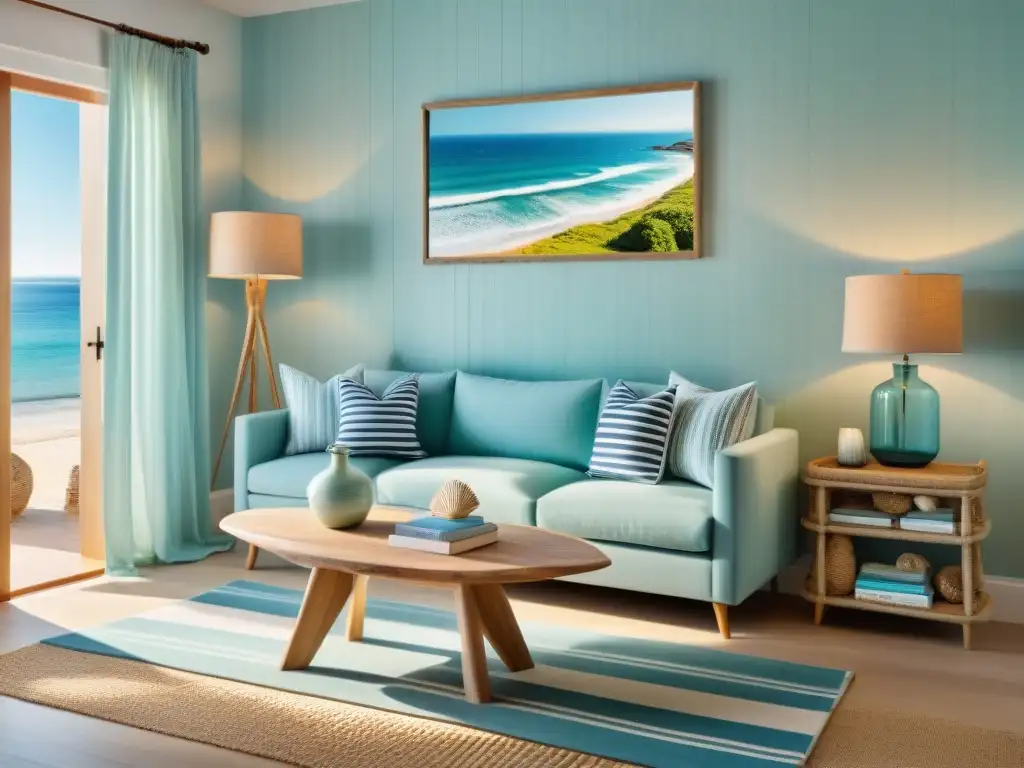 Salón costero: espejo de madera a la deriva y decoración marina Acogedor salón costero con espejo de madera a la deriva, sofá verde mar, alfombra de yute y pared de fotos oceánicas