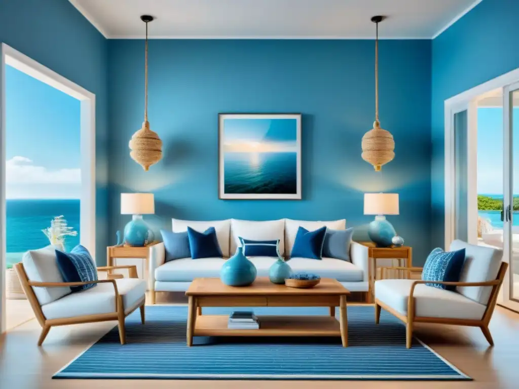 Salón costero sereno con decoración náutica Acogedor salón costero con decoración hogar estilo costero: paredes azules, muebles blancos y detalles náuticos