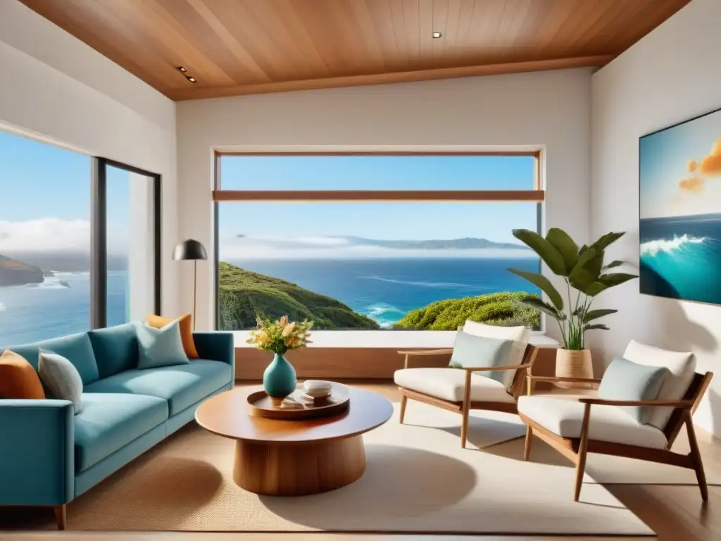 Salón costero multifuncional con vistas al mar Un acogedor salón costero con muebles convertibles, grandes ventanas con vista al mar y texturas naturales, iluminado por luz natural