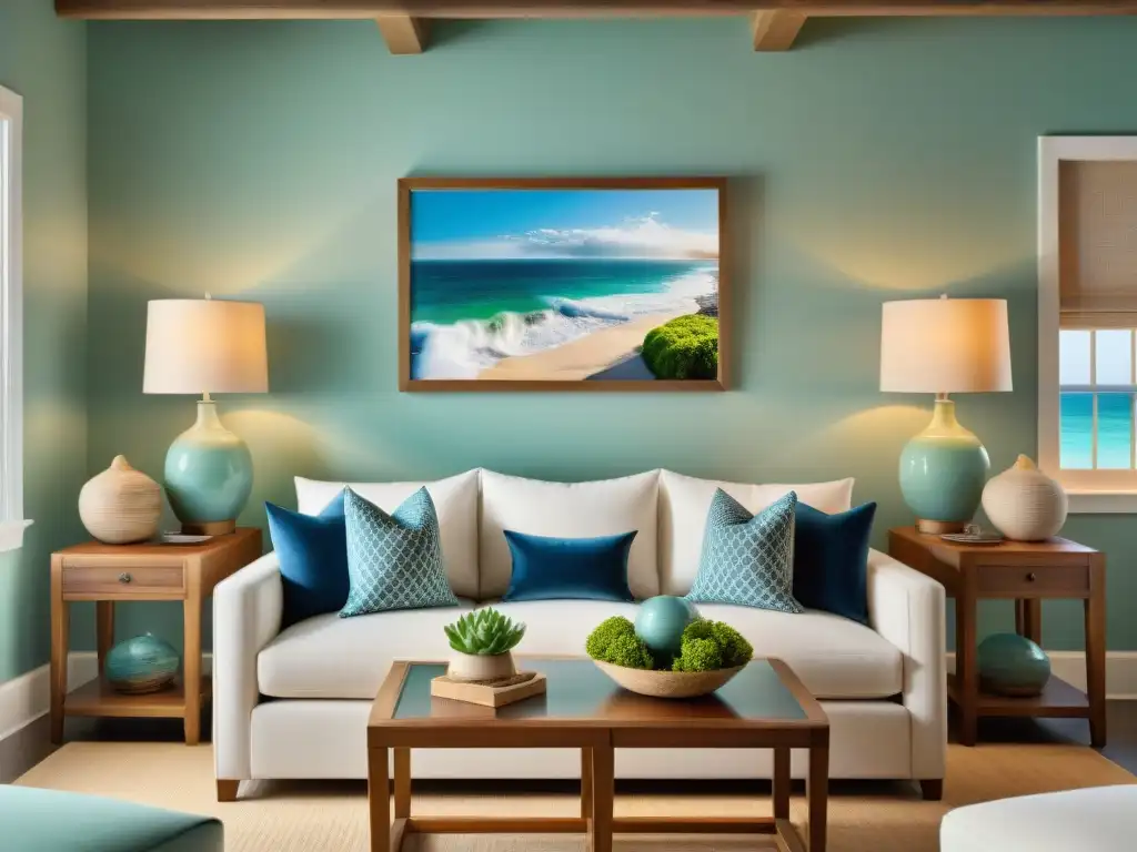 Salón costero sereno con vista al mar en alta resolución Acogedor salón costero con obras de arte decoración costera en tonos verdes, beige y blanco, iluminado por la luz del sol