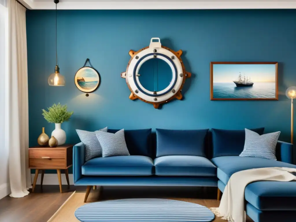 Salón náutico en miniatura: encanto costero en casa pequeña Acogedor salón náutico en apartamento pequeño: decoración marina, paleta azul y blanco, vista al mar