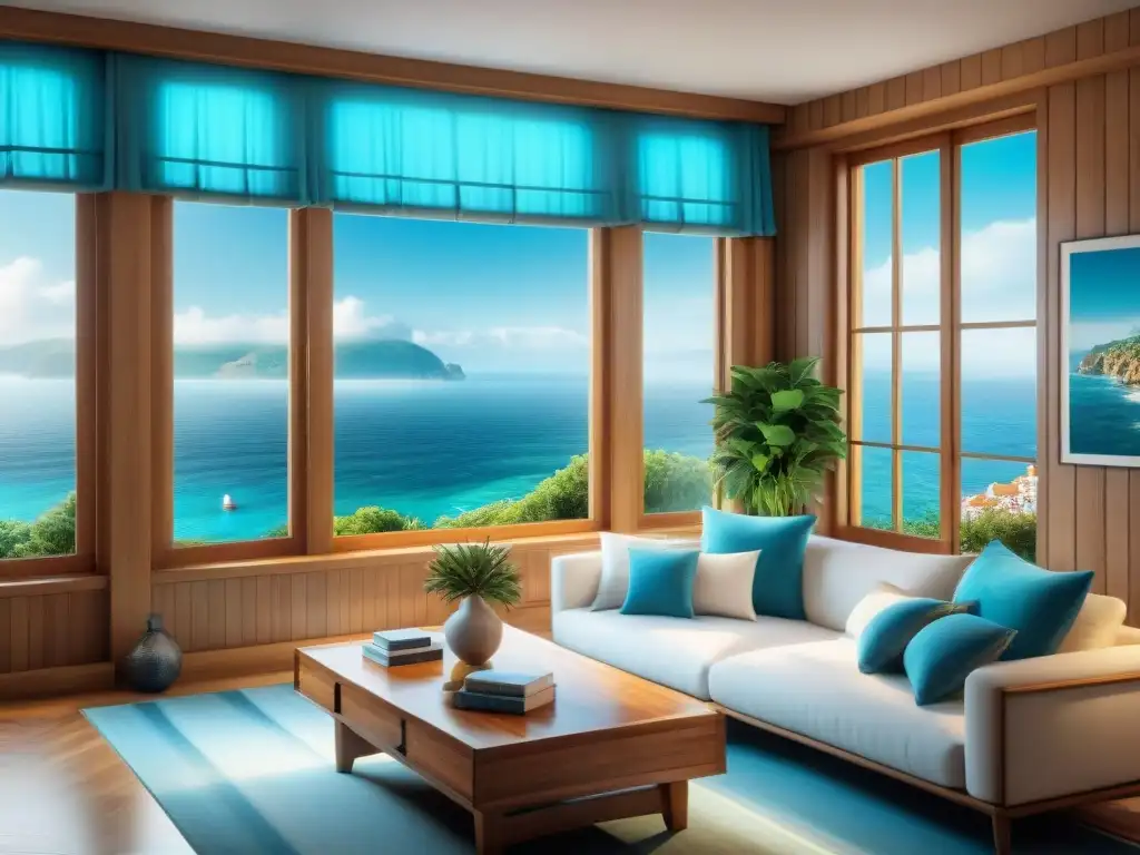 Sala de estar acogedora con vista al mar y decoración náutica Acogedor salón con vista al mar, decoración náutica en apartamento pequeño