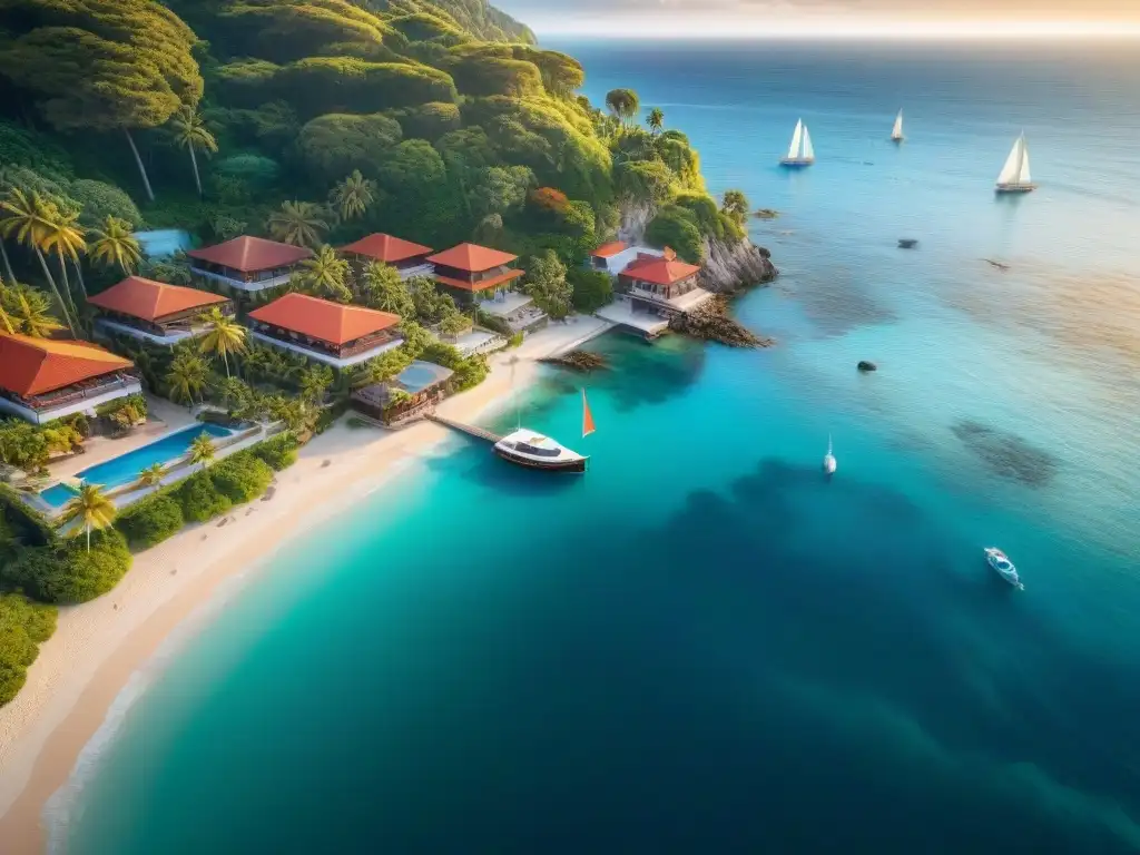 Paraíso costero: casas coloridas y aguas cristalinas Acogedora aldea costera con casas de techo rojo junto al mar