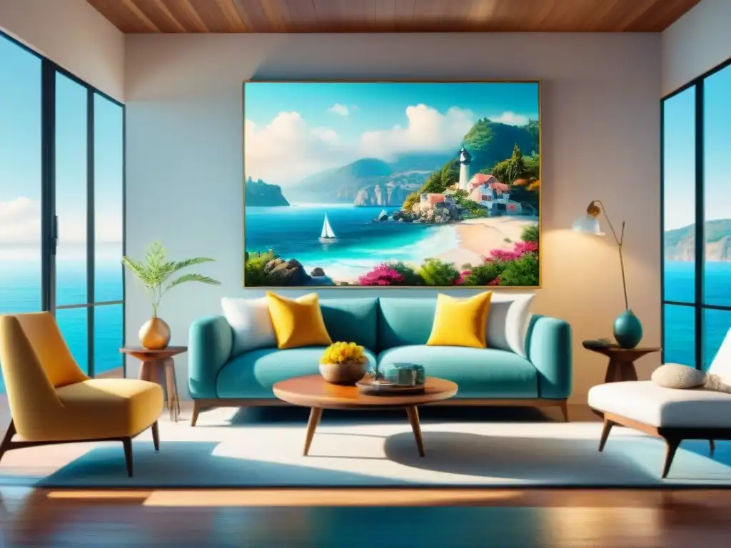 Salón costero sereno con arte marino vibrante Acogedora sala costera con arte temático marino: paisajes serenos, veleros coloridos y motivos de conchas, iluminada por la luz del sol