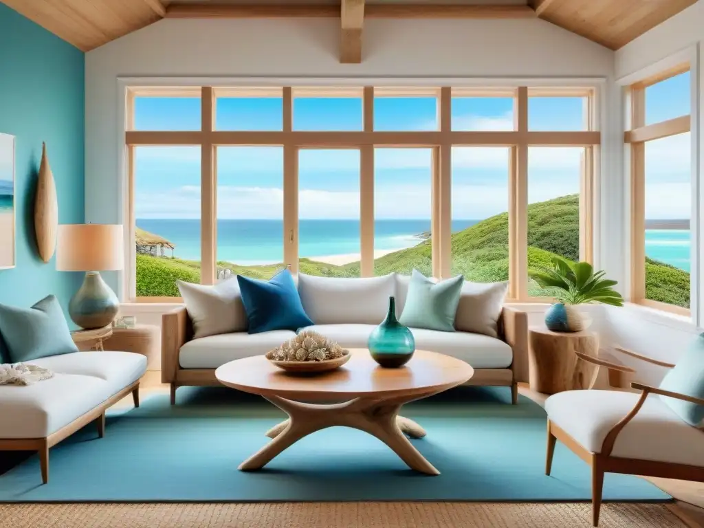 Sala costera serena: decoración marina y toques naturales Acogedora sala costera con decoración playera en tonos neutros y toques de azul y verde