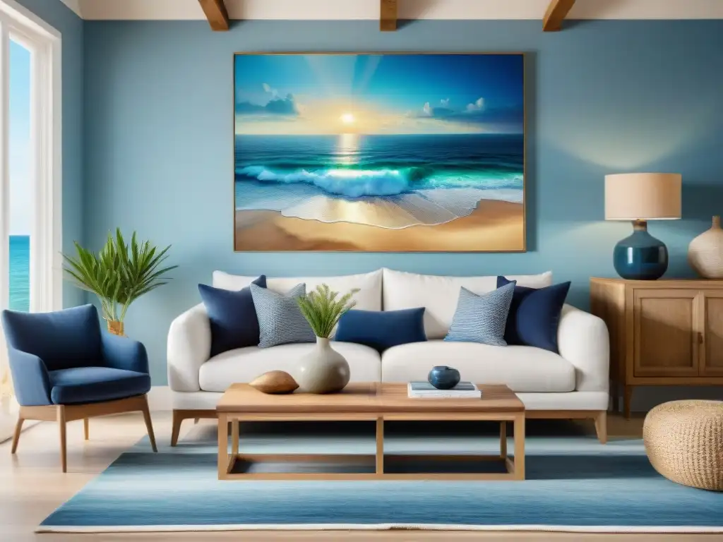Salón costero sereno con vistas al mar Acogedora sala costera con vista al mar, decoración náutica y muebles blancos y azules