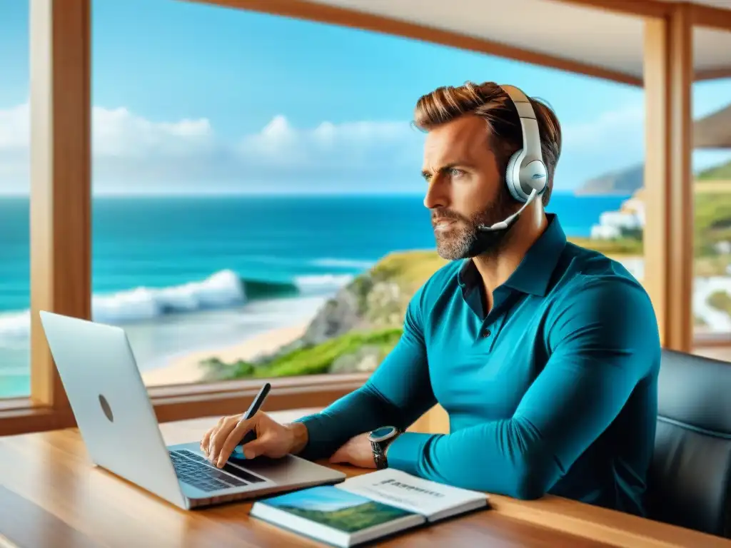 Agente inmobiliario enfocado en propiedades costeras Agente inmobiliario para propiedades costeras trabajando en su moderna oficina con vista al mar