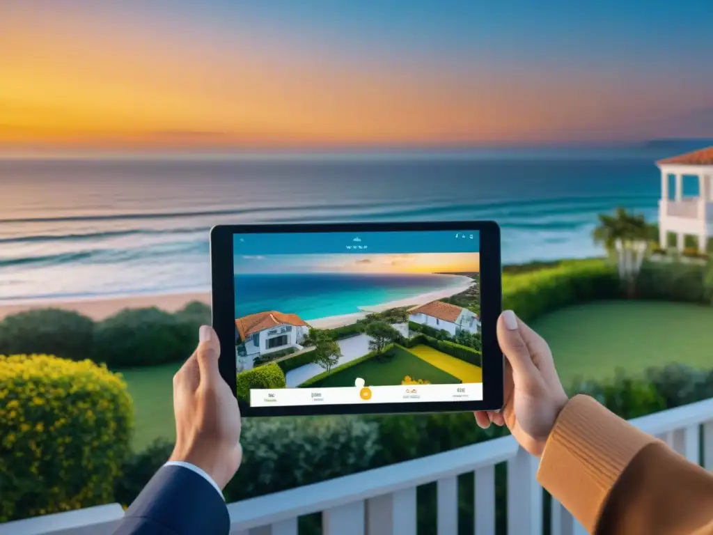 Tour virtual de propiedad costera al atardecer Agente inmobiliario en tour virtual de propiedad costera al atardecer