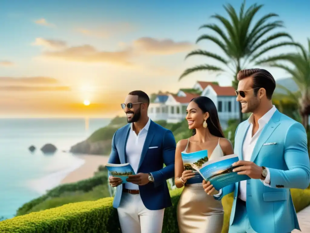 Agentes inmobiliarios expertos en el paraíso costero Agentes inmobiliarios en paseo costero, presentando propiedades frente al mar al atardecer