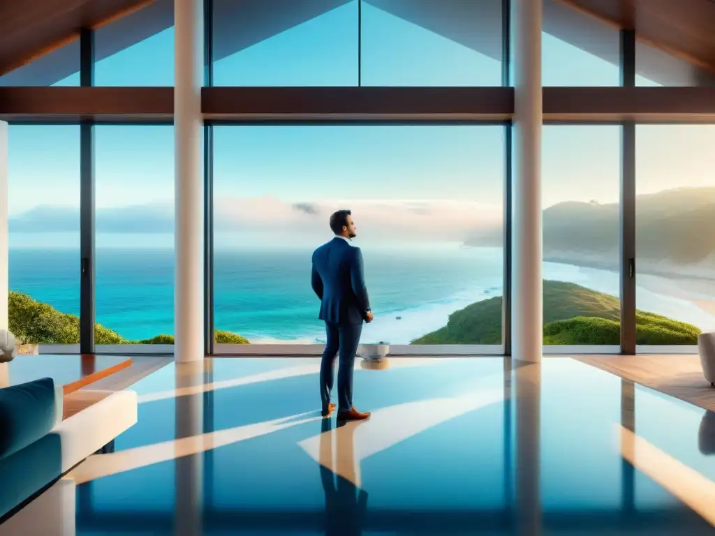 Agente inmobiliario experto mostrando propiedad de lujo en la costa Agentes inmobiliarios propiedades costeras: Expertos en acción, guiando a parejas hacia su hogar de ensueño frente al mar