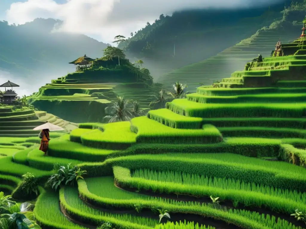 Terrazas de arroz en Bali: agricultura sostenible y cultura local Un agricultor local en Bali cuida con esmero los cultivos en una exuberante terraza de arroz, simbolizando la conservación ambiental en Bali