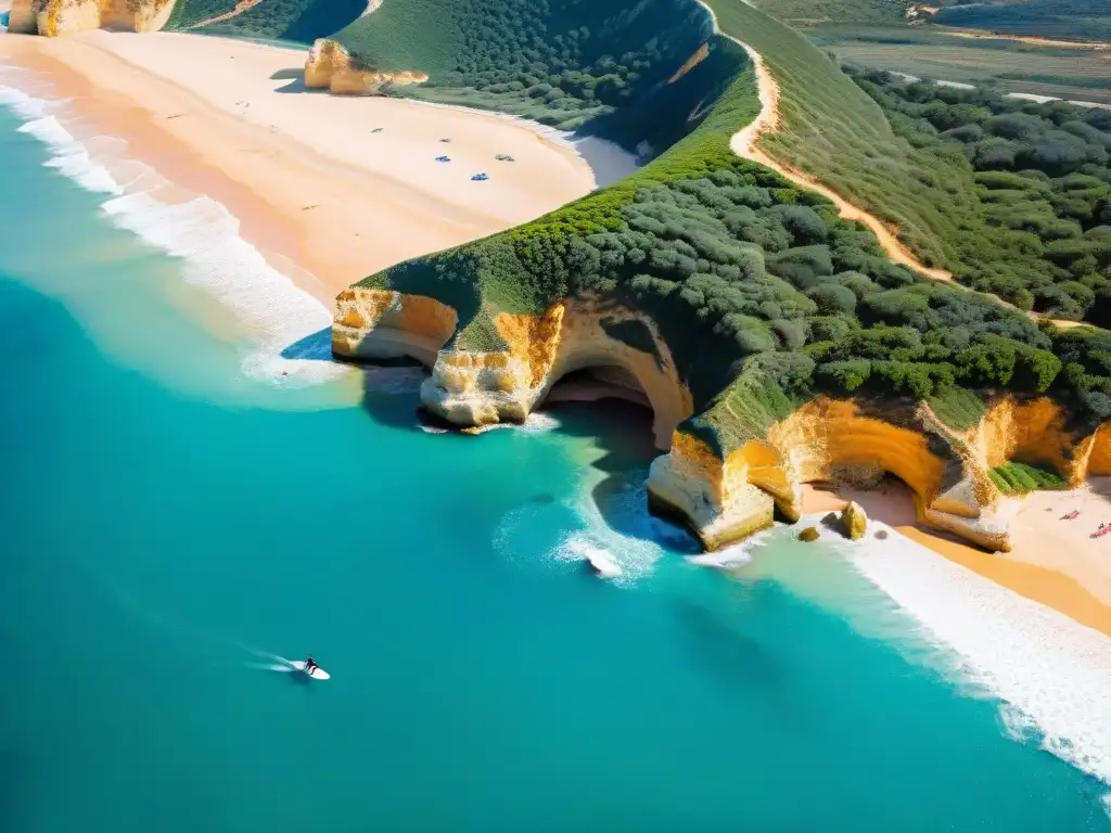 Costa salvaje de Algarve: surfistas en acción Rugged coastline de Algarve con aguas turquesas, playas doradas y surfistas