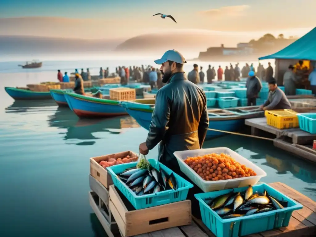 Mercado pesquero costero al amanecer: tradición y colorido Ajetreo en el mercado pesquero costero al amanecer, pescadores descargan mariscos frescos