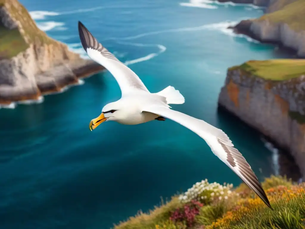 Albatros majestuoso surcando acantilados y olas Albatros majestuoso en vuelo sobre costa, con alas extendidas ante acantilados y olas