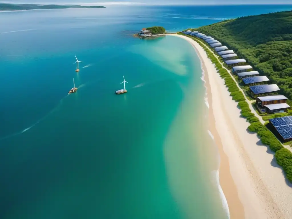 Aldea costera sostenible: armonía ecológica junto al mar Una aldea costera sostenible con paneles solares y turbinas eólicas, rodeada de exuberante vegetación, en armonía con el mar