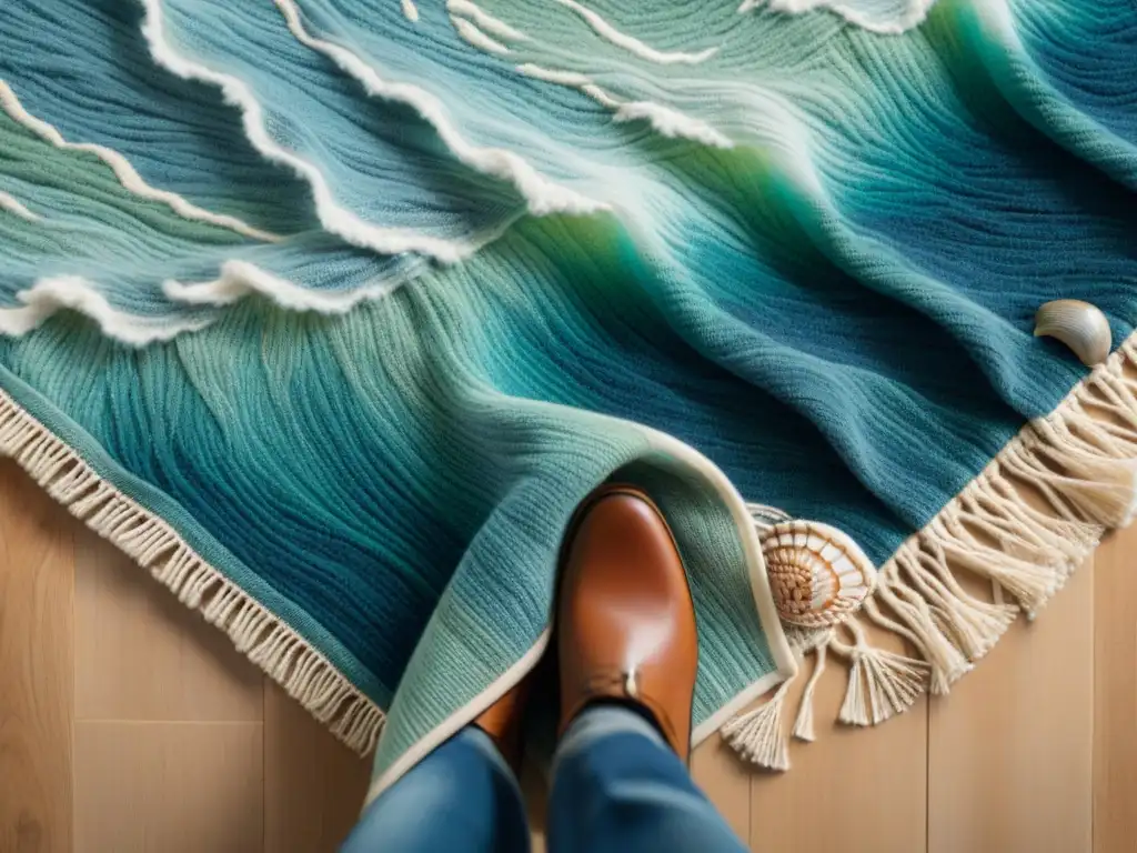 Tapete costero tejido a mano: olas, conchas y gaviotas Alfombra costera detallada evoca serenidad con ondas, conchas y gaviotas
