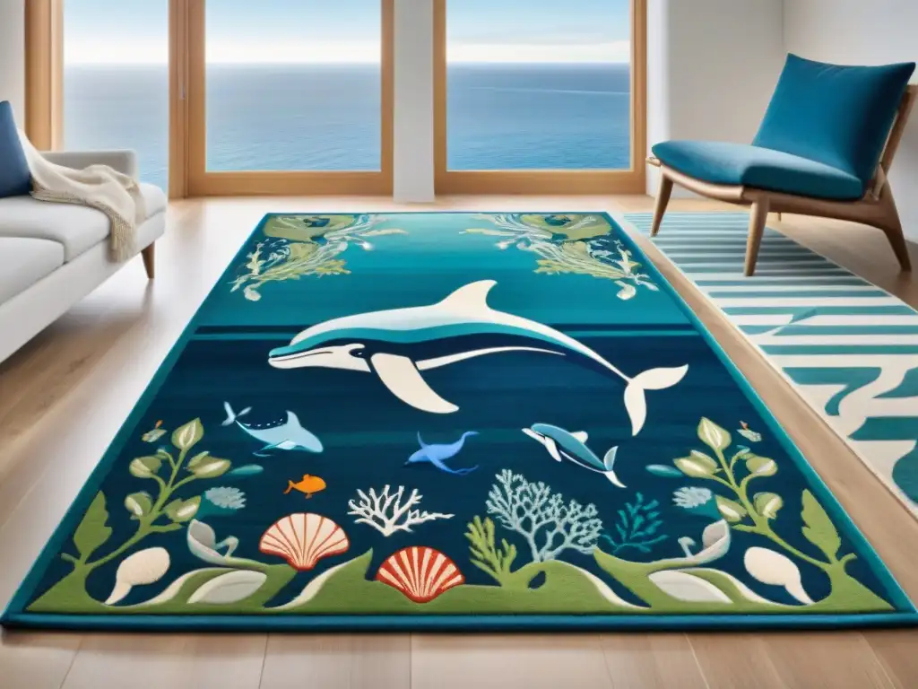 Tapete costero detallado con criaturas marinas: ballenas, delfines y conchas, en una habitación luminosa junto al mar Una alfombra costera que narra historias marinas con diseños intrincados de ballenas, delfines y conchas, en una habitación luminosa con vista al mar