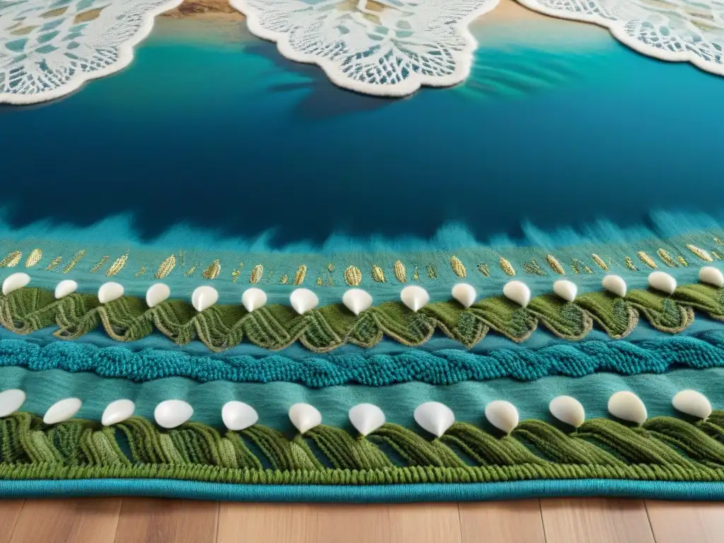 Tapiz costero tejido con escenas marinas en azul y verde Alfombra costera tejida con escenas marinas en azul y verde, con detalles de oro y plata