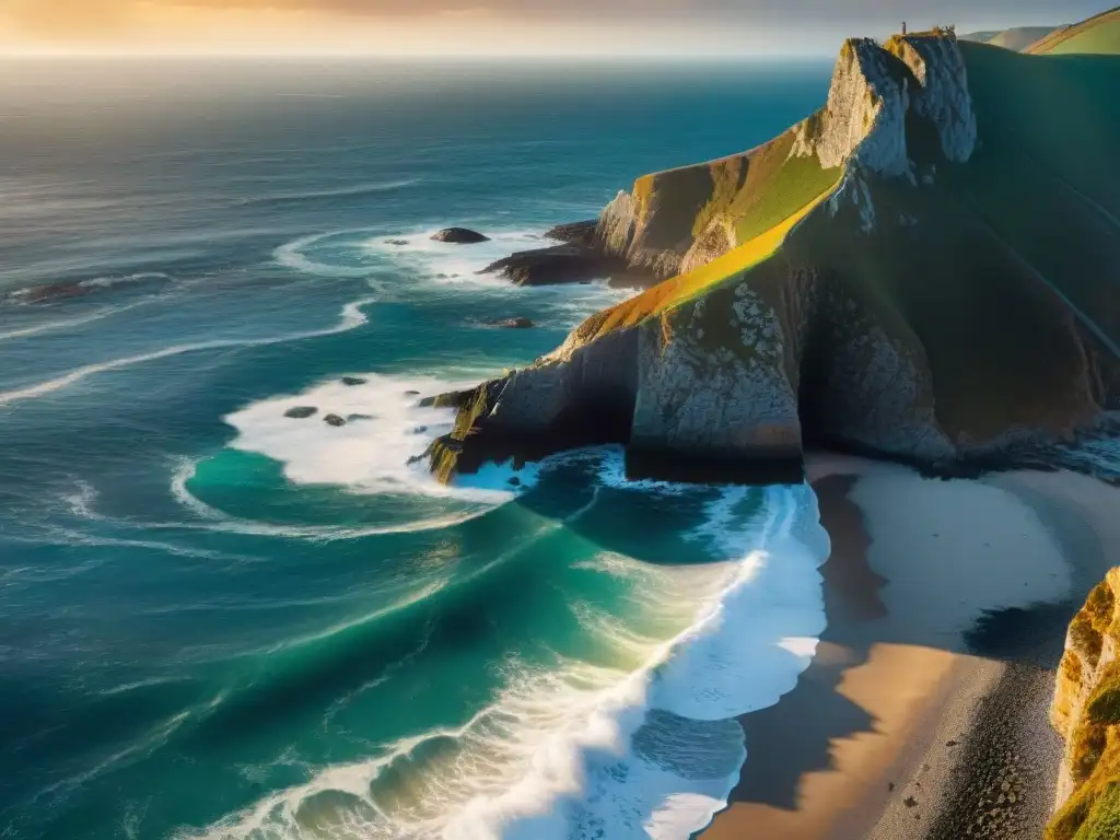 Acantilados al atardecer: impactante vista aérea de la costa Las alfombras costeras narran historias marinas al atardecer, con olas vibrantes rompiendo en acantilados imponentes