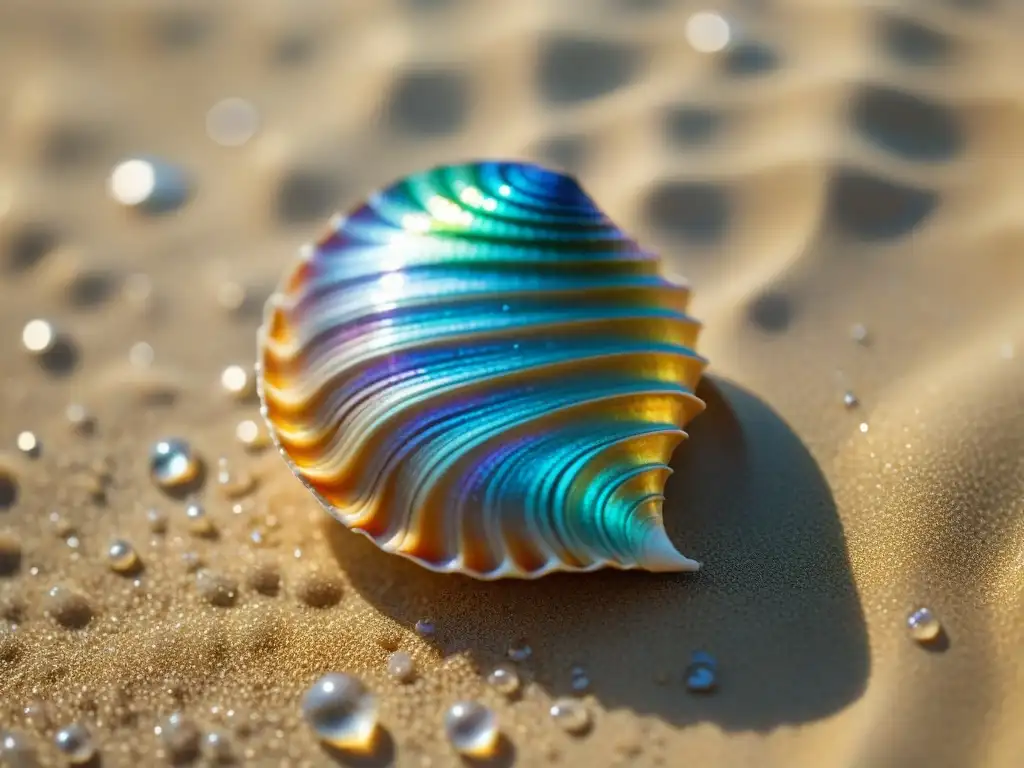 Concha iridiscente en arena dorada: belleza marina Bisutería con alma marina asequible: detalle de una concha iridiscente sobre arena dorada con gotas de agua brillando al sol