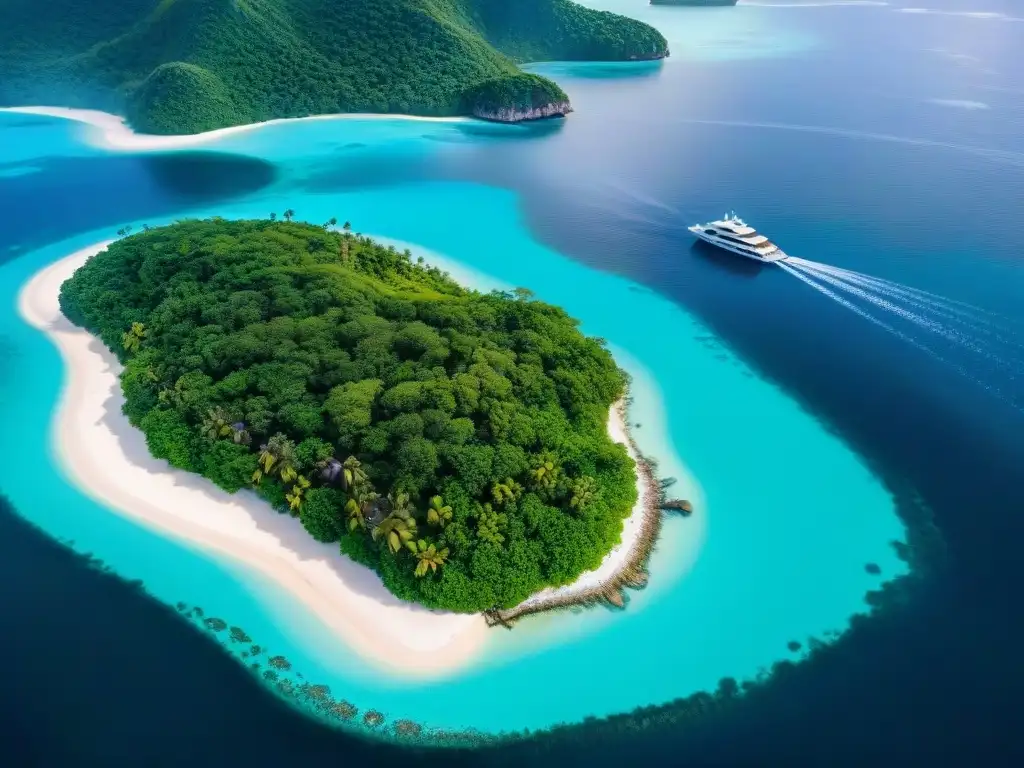 Exclusivo paraíso privado: lujo y exclusividad en isla privada Alquiler de islas privadas: vista aérea de isla exclusiva con aguas turquesas, villas lujosas, playas blancas y yate privado en muelle