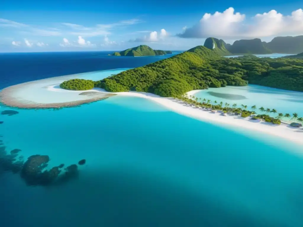Paraíso exclusivo: isla privada con villas de lujo y aguas turquesa Alquiler de Islas Privadas: Vista aérea de isla privada con villas de lujo, playas de arena blanca y aguas turquesas
