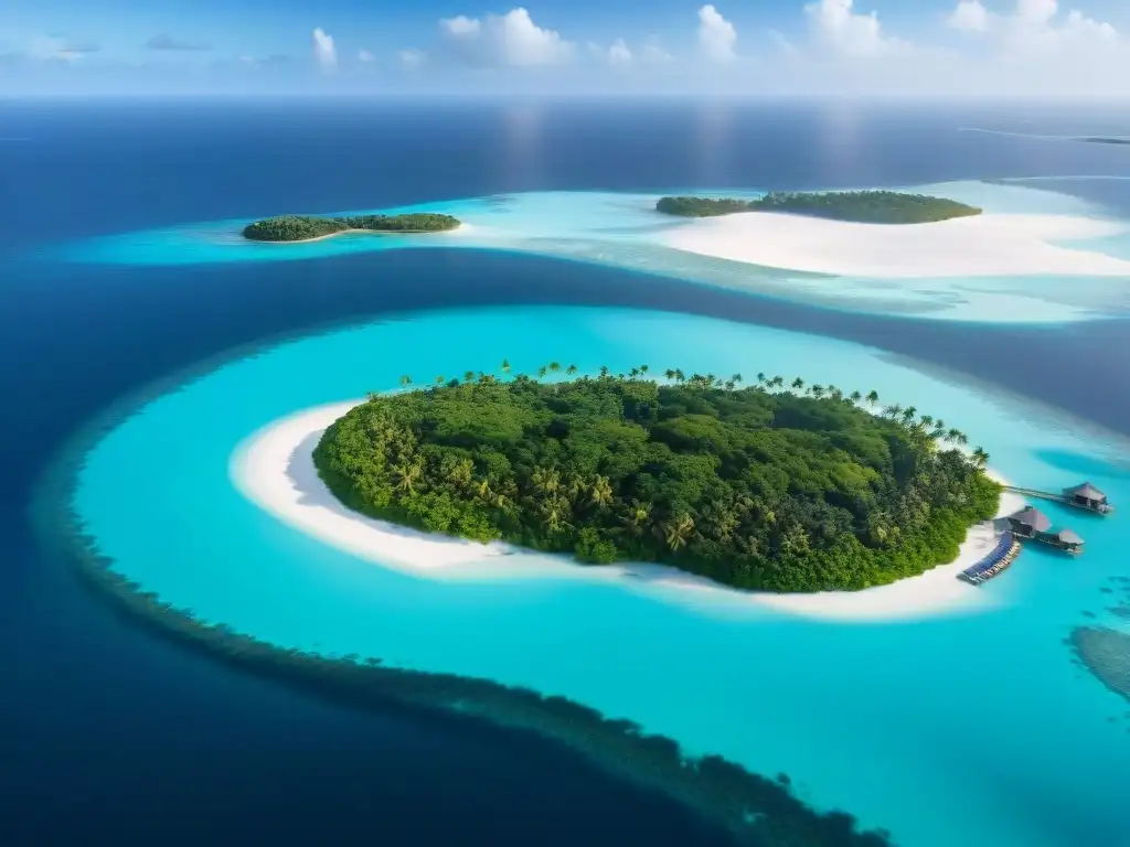 Paraíso exclusivo: isla privada con villas de lujo y playas paradisíacas Alquiler de islas privadas: vista aérea de isla exclusiva con villas de lujo, playas de arenas blancas y aguas turquesas