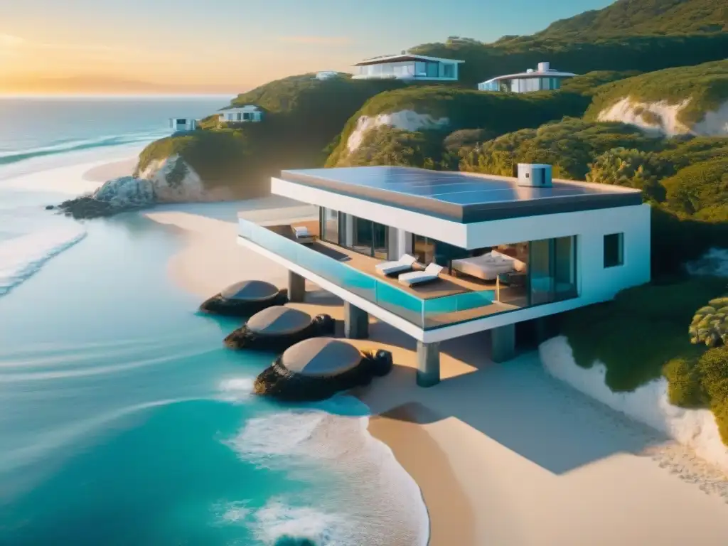 Futurista comunidad vacacional costera con IA Alquiler vacacional costero inteligencia artificial: Una comunidad vacacional futurista en la costa con drones AI y atardecer cálido