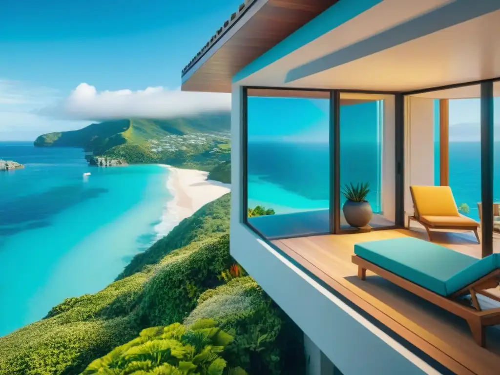Refugio vacacional de lujo: tecnología AI junto al mar Alquiler vacacional costero con inteligencia artificial en un paisaje sereno junto al mar turquesa