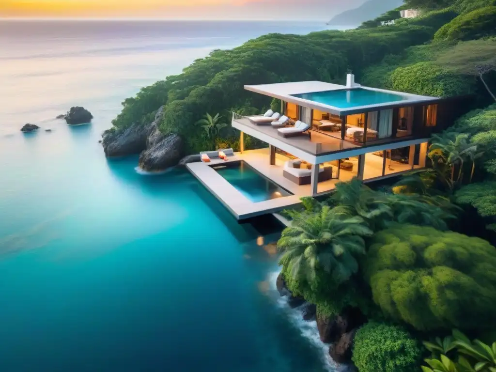 Refugio de lujo frente al mar con infinity pool y atardecer en 2023 Alquiler vacacional costero tendencias 2023: lujosa propiedad con piscina infinity, lounge exterior y vistas al mar al atardecer