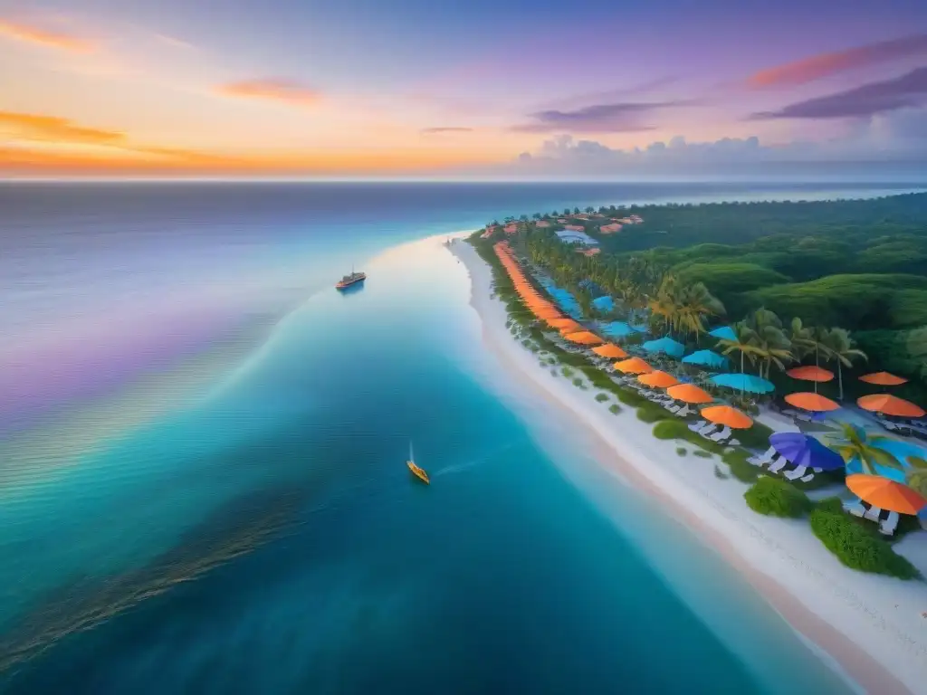 Paraíso costero: atardecer mágico con playa, palmeras y veleros Alquiler vacacional para estancias largas en un pueblo costero al atardecer, con playa, sombrillas y palmeras