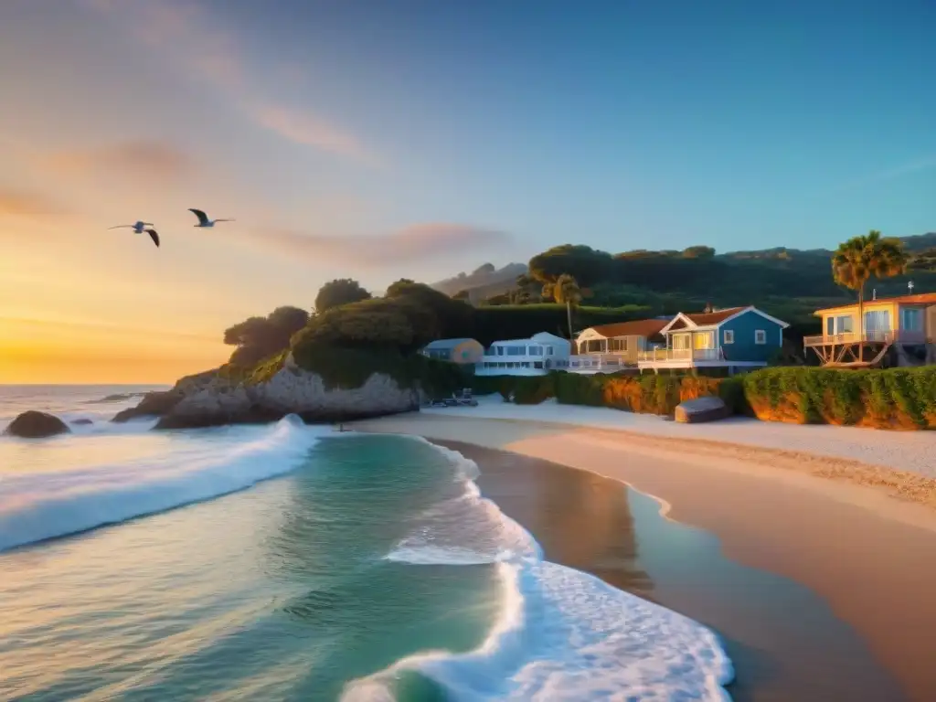 Retiro costero: atardecer dorado en sereno pueblo vacacional Alquiler vacacional para estancias largas en un apacible pueblo costero al atardecer, con casas junto a la playa y ambiente sereno