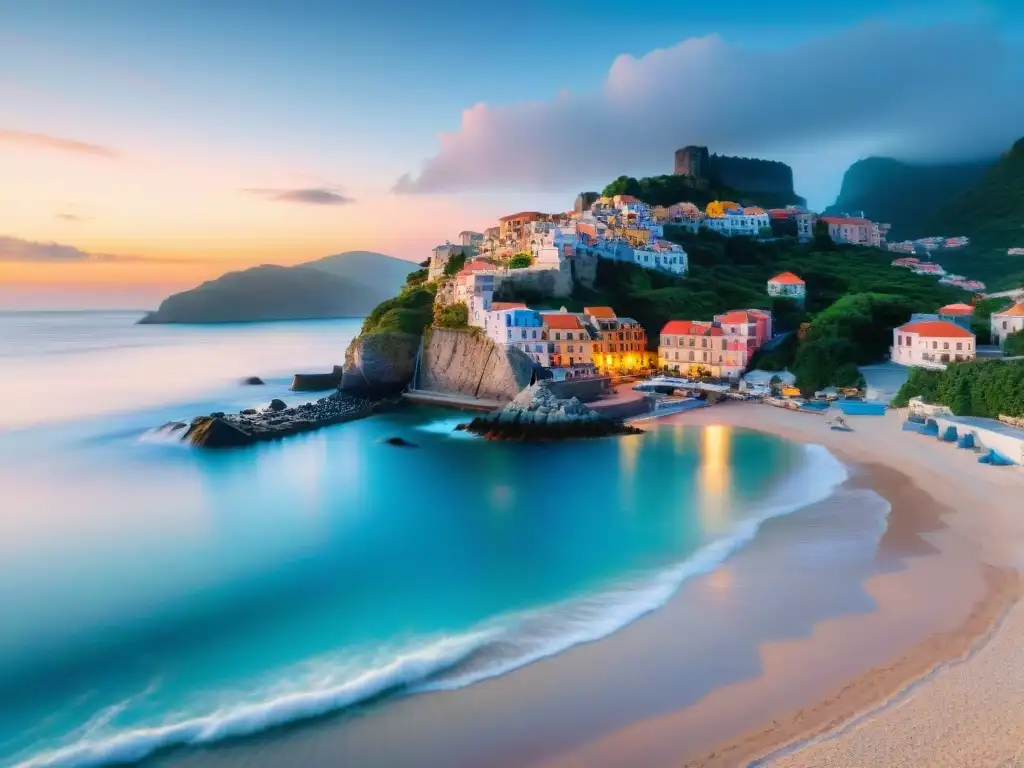 Destino vacacional perfecto: Pintoresco pueblo costero al atardecer Alquiler vacacional perfecto costa: Pintoresco pueblo costero con casas coloridas, playa de arena y atardecer