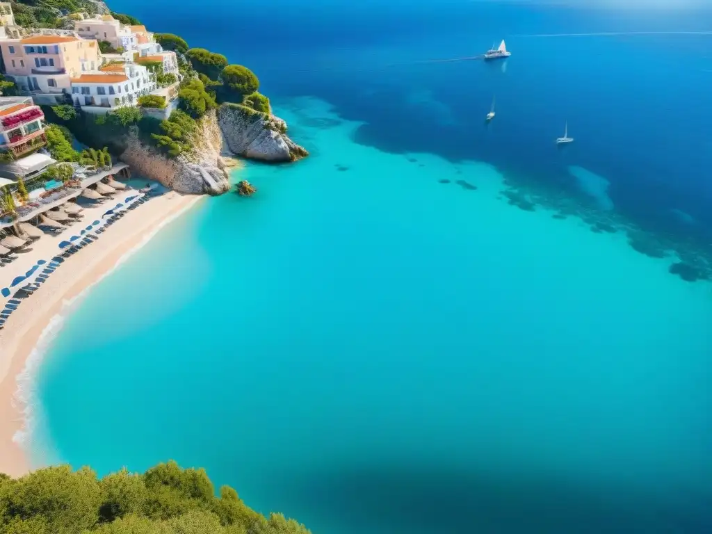 Playa paradisíaca: alquileres vacacionales junto al mar Alquiler vacacional propiedades costeras en un pueblo costero pintoresco con playas de arena y aguas turquesas, sombrillas y veleros
