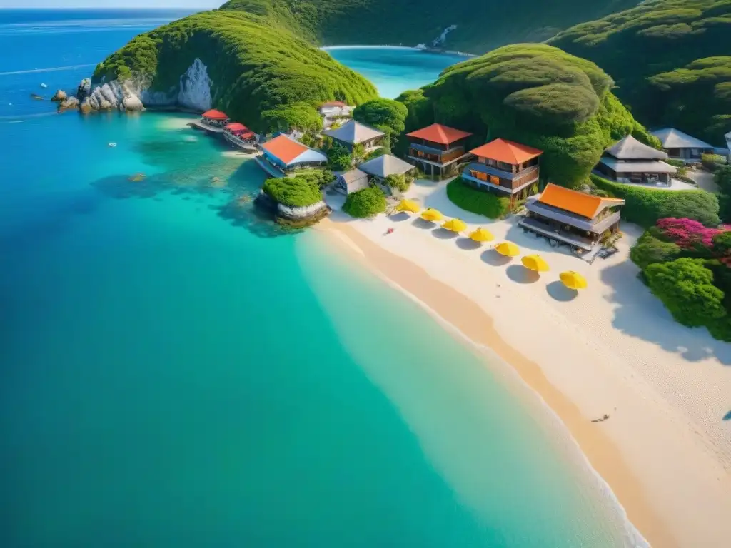 Paraíso costero: playa cristalina y coloridos alquileres vacacionales Alquiler vacacional propiedades costeras: Vista aérea de un pintoresco pueblo costero con playas cristalinas y turistas paseando