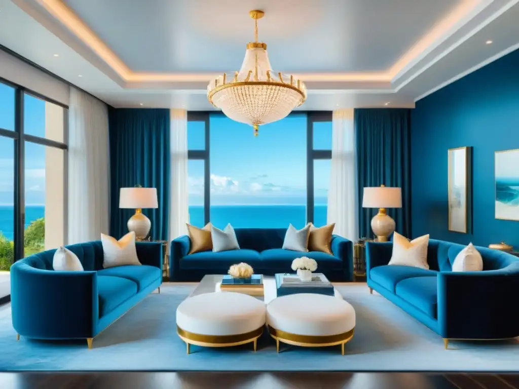 Mansión costera de lujo con vistas al mar y decoración elegante Decoración de alta gama en costa: lujosa mansión costera con ventanales al mar, decoración elegante en tonos suaves y dorados