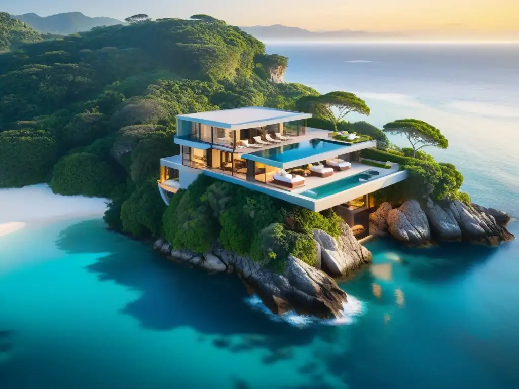 Residencia de lujo en acantilado: elegancia y serenidad frente al mar Decoración de alta gama costa: Majestuosa mansión costera en acantilado con vistas al mar turquesa al atardecer