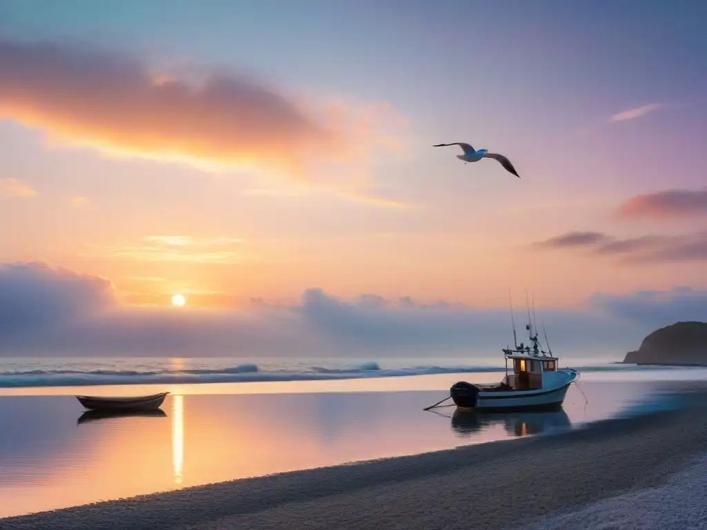 Amanecer costero: arte tranquilo y sereno Un amanecer costero sereno con tonos pastel en el cielo, reflejados en aguas tranquilas