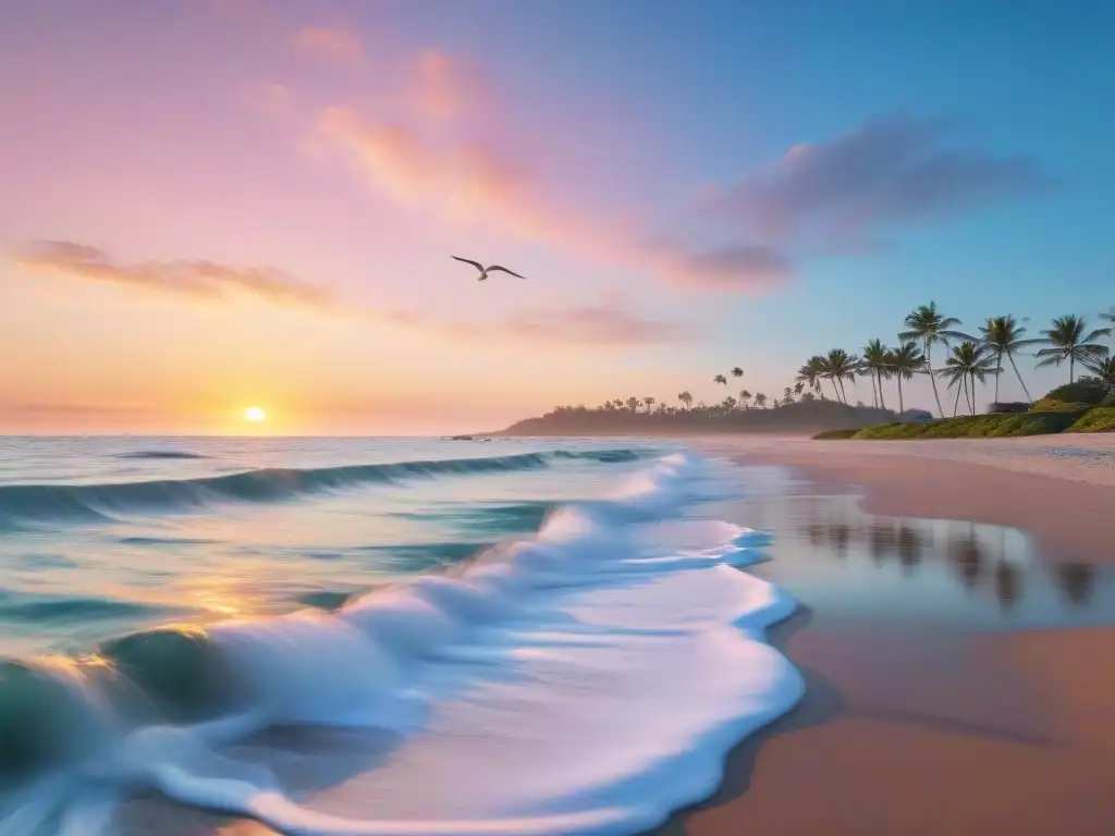 Espectacular amanecer costero: horizonte dorado sobre aguas serenas Un amanecer costero vibrante con el sol asomándose, creando una atmósfera revitalizante